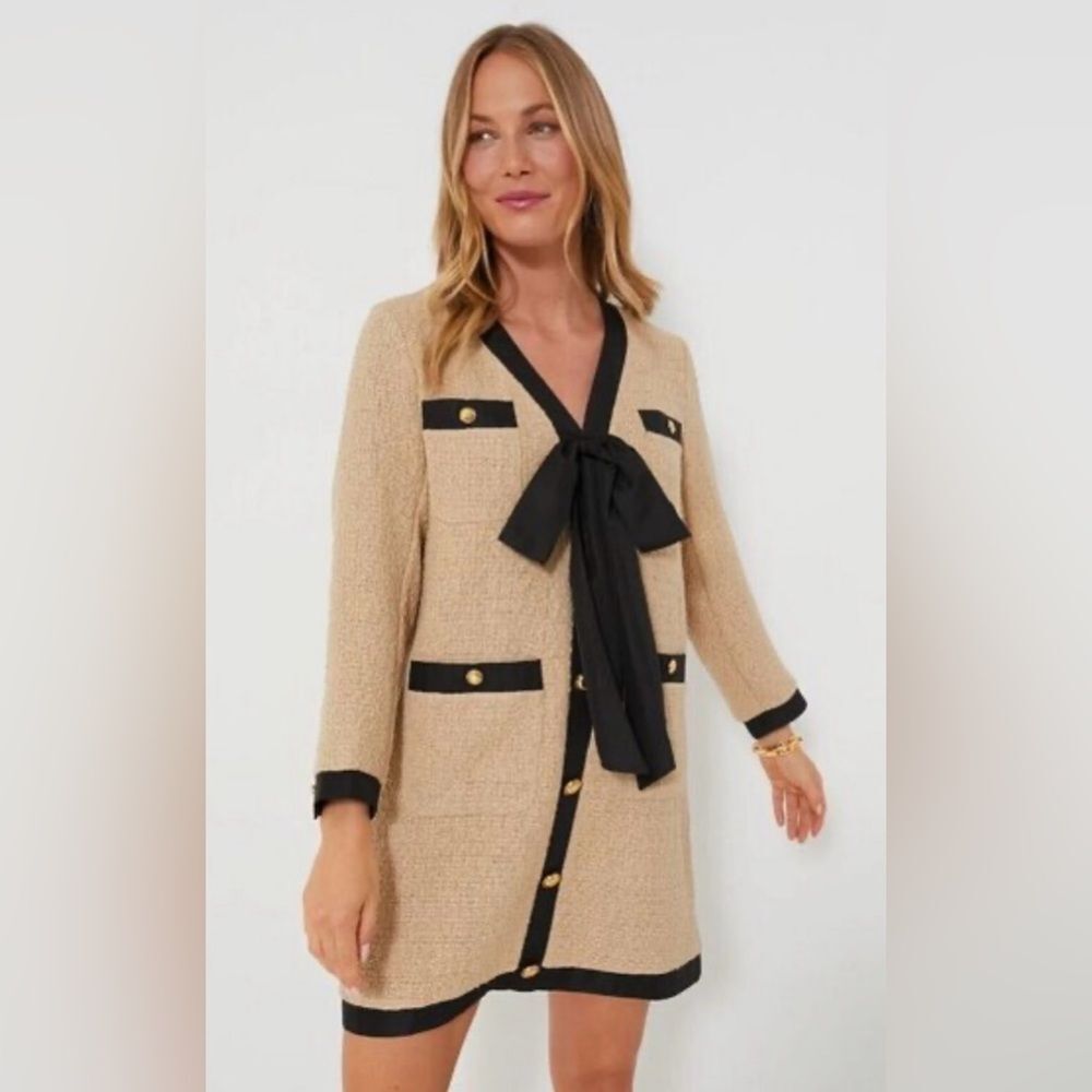 NWT Tuckernuck Pomander Place Coco In Tan Tweed Bow Mini Shift Dress size L